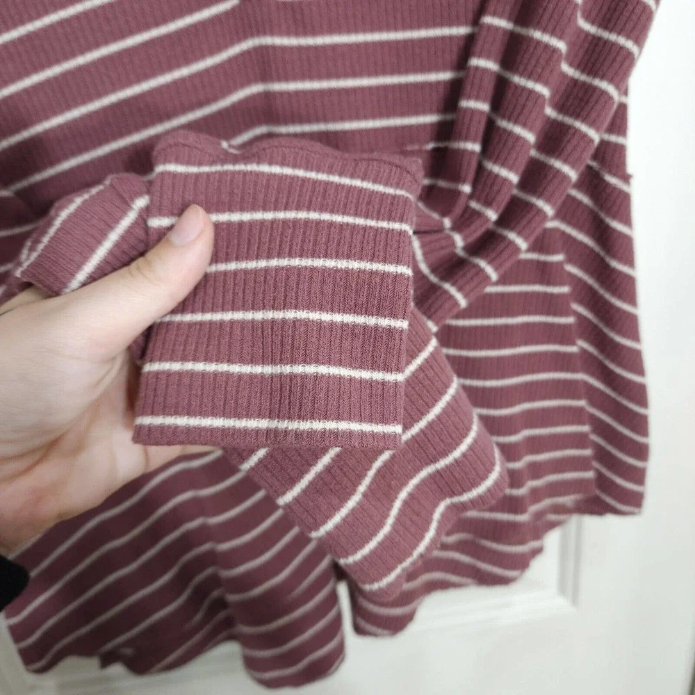 Anthropologie Womens Sleep Shirt Campground Maroon Striped Thermal Henley Top S